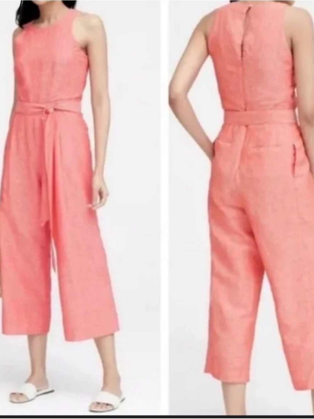 Banana Republic Linen-Cotton Sleeveless Coral Wide-Leg Jumpsuit with Waist Tie